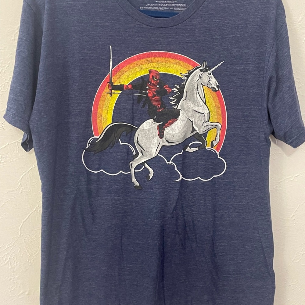 Marvel Deadpool riding a unicorn graphic t-shirt in heather navy blue